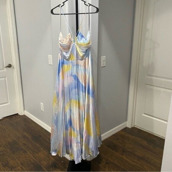 ML Monique Lhuillier Satin Satin Charmeuse Pleated Gown Maxi Dress Size 8 Flaw - Picture 2 of 14